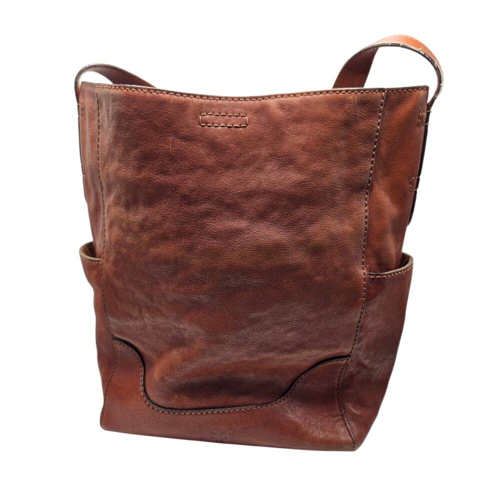 Frye Leather Side Pocket Hobo Tote Cognac Brown Shoulder Bag